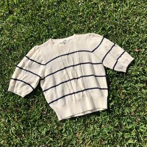 Veronica Beard ivory cream cable knit striped short sleeve crew neck sweater